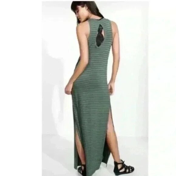 EXPRESS Olive Green and Black Striped Keyhole Maxi Dress with Slits - XS - Picture 2 of 6